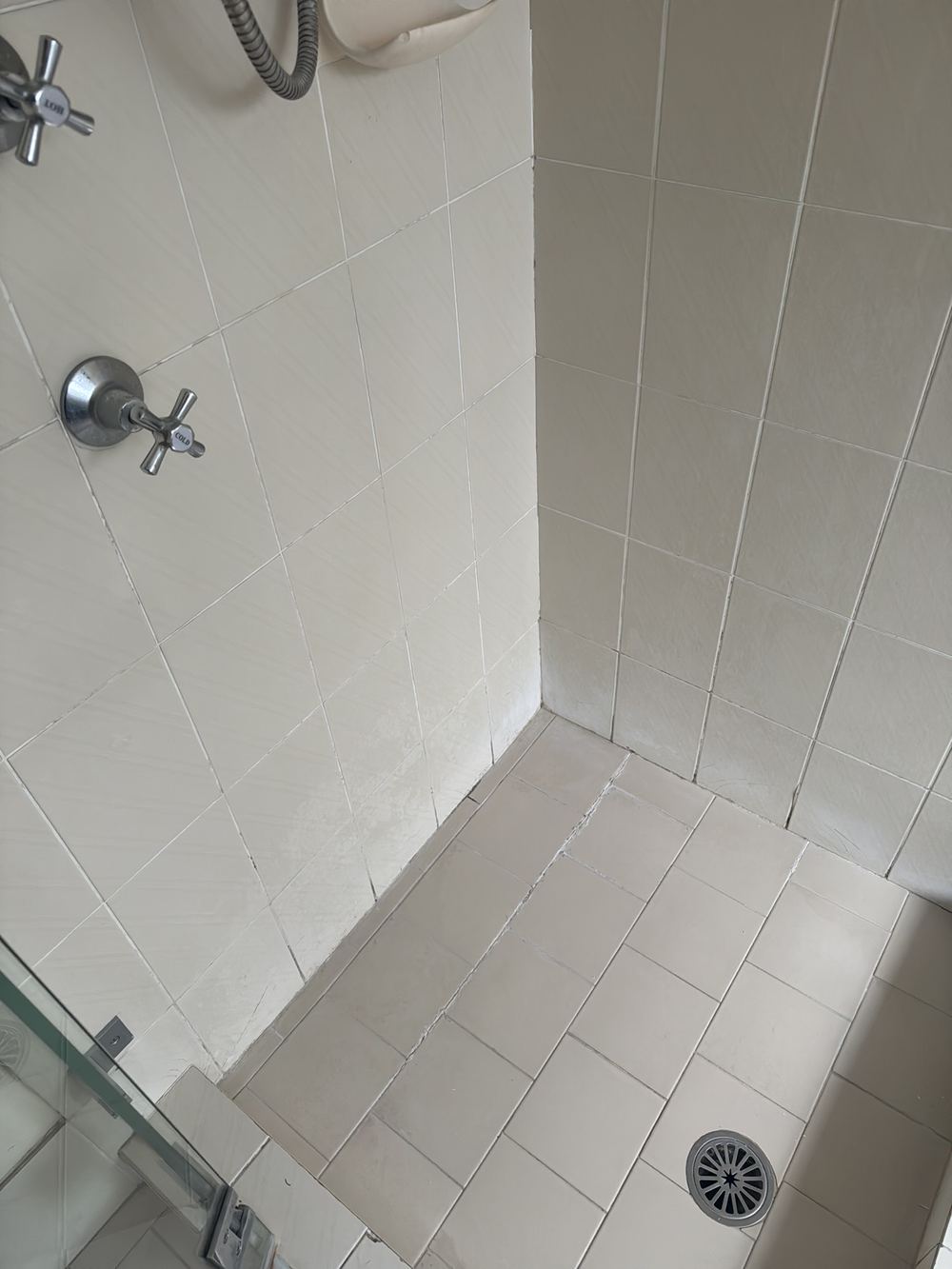 Efflorescence on shower floor tiles, raising a question about the membrane, Castle Hill